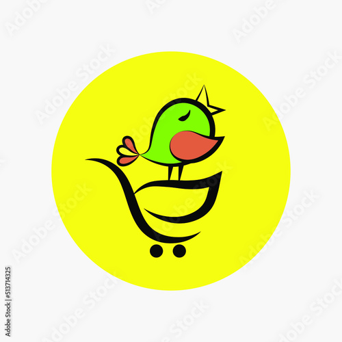 Cartoon bird sitting on a cart in the supermarket