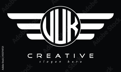 UUK three letter circle with wings logo design vector template. wordmark logo | emblem logo | monogram logo | initial letter logo | typography logo | business logo | minimalist logo |