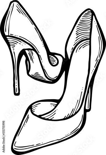 Sexy beautiful feminine woman shoes with elegant  high heels. Luxury clothing lifestyle. Disco club 80s romantic fashion. Hand drawn retro vintage vector illustration. Old style comic cartoon drawing.
