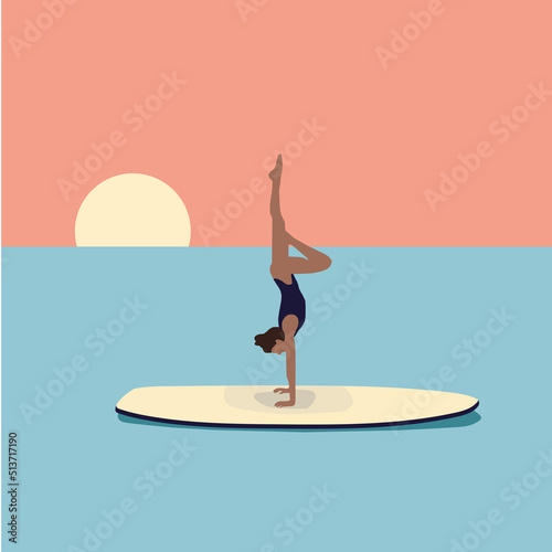 Young woman doing yoga on a sup board. Female character in swimsuit on a surfboard. Scene of summer vacation or vacation at sea. photo