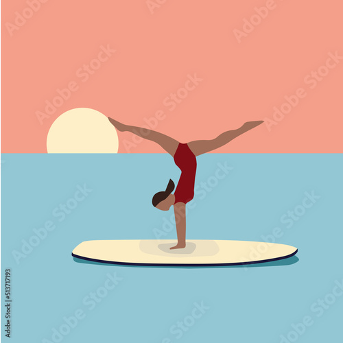Young woman doing yoga on a sup board. Female character in swimsuit on a surfboard. Scene of summer vacation or vacation at sea.