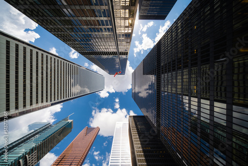 Photography Business and finance concept, looking up at modern office building architecture in the financial district of Toronto, Ontario, Canada
