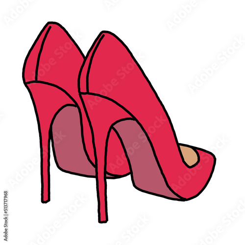 Sexy beautiful feminine woman shoes with elegant high heels. Luxury clothing lifestyle. Disco club 80s romantic fashion. Hand drawn retro vintage illustration. Simple colorful line drawing.