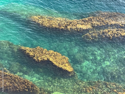 Turquoise sea and coastal rocks covered with algae.