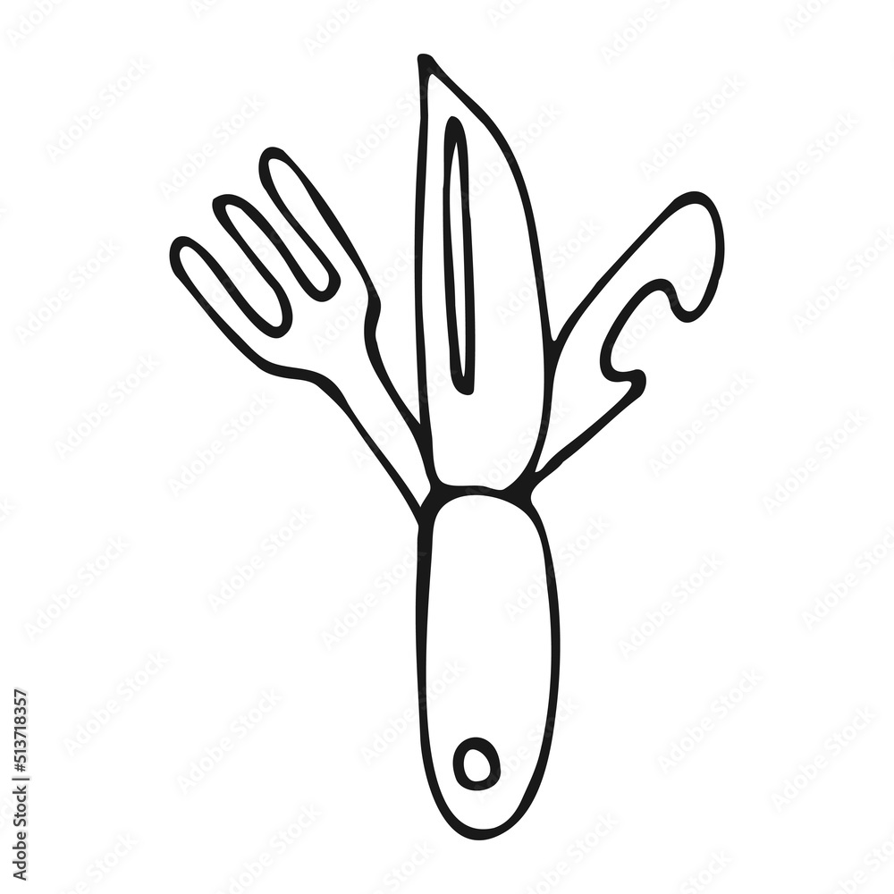 Doodle pocket knife. Swiss army knife hand drawn. Vector illustration. Doodle pocket knife. Swiss army knife hand drawn. Vector illustration.