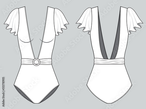 Sexy bathing suit, short frilled sleeves with belt waistband, stylish and gorgeous design, fashion flat template. Fashion technical illustration for garment production unit.