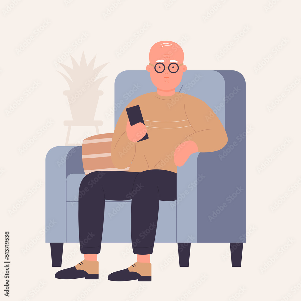 Senior man in comfortable armchair watching tv. Old male holding remote control device cartoon vector illustration
