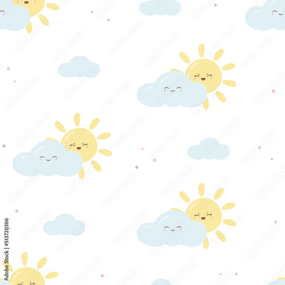 Kawaii seamless pattern with funny sun and cloud. Cute print for phone case, backgrounds, fashion, wrapping paper and textile. Vector Illustration