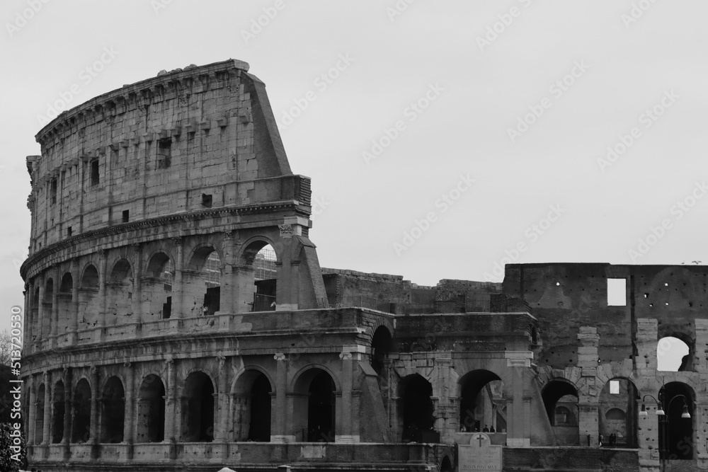 Rome, Italy-June 28, 2022: Monocromatic photography of the famous buidings of Rome. Beautiful view to the Colosseum and the goverment palace.