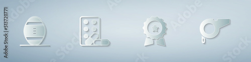 Set American Football ball, Sports doping with dumbbell, Medal star and Whistle. Paper art style. Vector