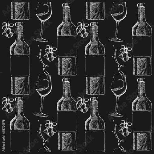 Sketch-style pattern with a bottle of wine and snacks. Vector illustration