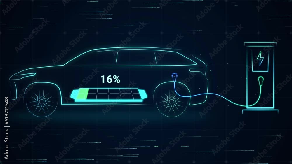 Electric Vehicle fully charging battery using DC fast charger, smart information EV power station status display, futuristic design hybrid car power level indicator UI interface 3d rendering
