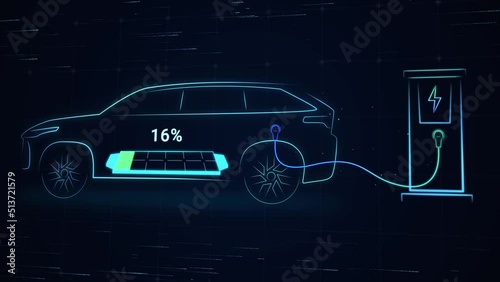 Electric Vehicle fully charging battery using DC fast charger, smart information EV power station status display, futuristic design hybrid car power level indicator UI interface 3d rendering