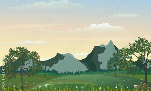 Mountain Scenery Landscape in The Day. Beautiful View with Hill Background Vector Illustration