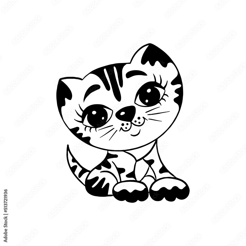 A cute cat character, a sweet little kitty with stripes, a black and white hand-drawn kitten illustration A cute cat character, a sweet little kitty with stripes, a black and white hand-drawn kitten illustration