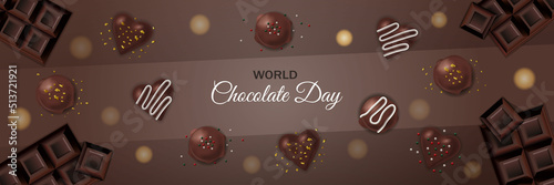 World Chocolate Day July 7 Poster chocolate bars, chocolate truffle, bombs, heart shape, cream, sprinkles. Realistic Horizontal banner background vector illustration. Website header graphic resource