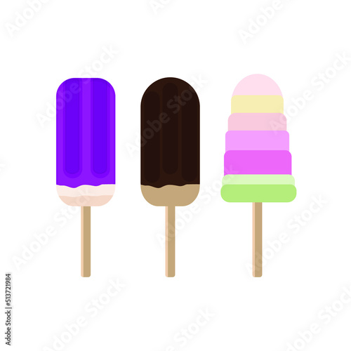 Ice cream icons, chocolate and fruit popsicles