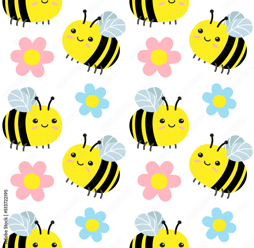 Vector seamless pattern of flat hand drawn bumblebee bee and flower isolated on white background Vector seamless pattern of flat hand drawn bumblebee bee and flower isolated on white background