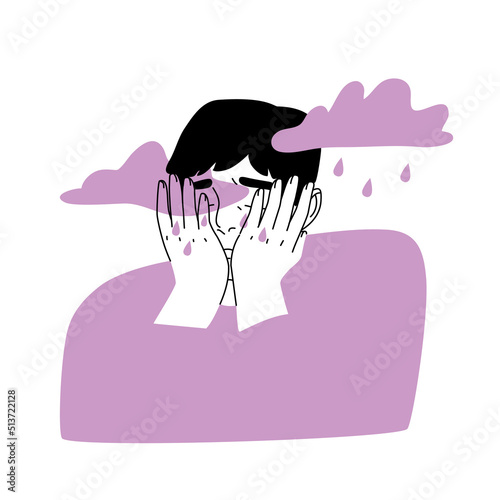 Depressed young man. Crying male character surrounded by clouds. Sadness, sorrow, mental disorder or llness concept. Hand drawn flat vector illustration photo