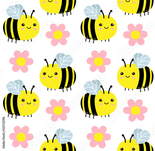 Vector seamless pattern of flat hand drawn bumblebee bee and flower isolated on white background
