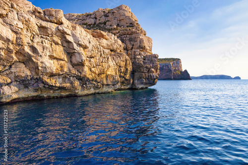 View from the sea of the impressive cliffs of the island of Cabrera, Balearic Islands, Spain