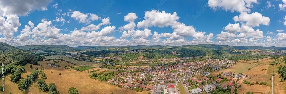 Drone panorama over river Main in Germany with village Stadtprozelten during daytime