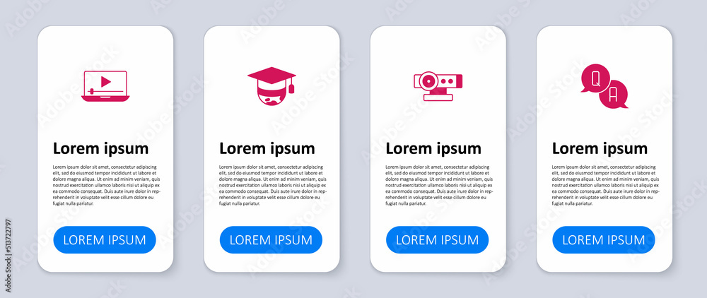 Set Question and Answer, Web camera, Graduation cap globe and Online play video. Business infographic template. Vector Set Question and Answer, Web camera, Graduation cap globe and Online play video. Business infographic template. Vector