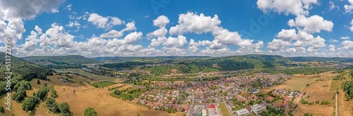 Drone panorama over river Main in Germany with village Stadtprozelten during daytime