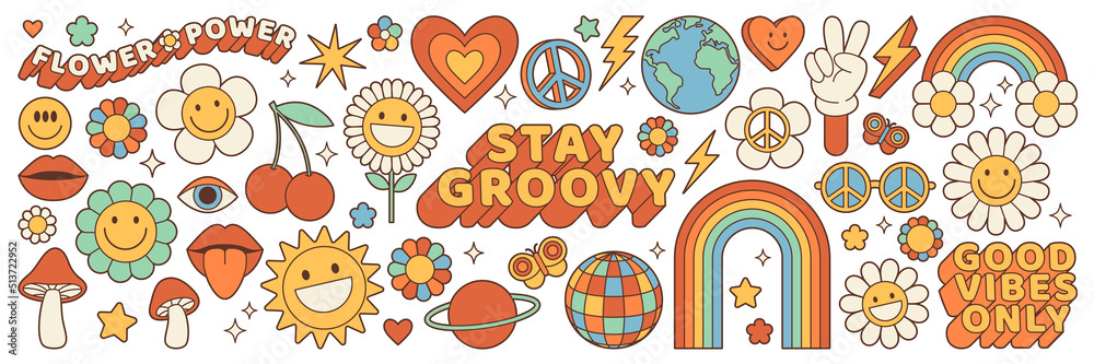 Groovy hippie 70s set. Funny cartoon flower, rainbow, peace, Love, heart, daisy, mushroom etc. Sticker pack in trendy retro psychedelic cartoon style. Isolated vector illustration. Flower power. - obrazy, fototapety, plakaty 
