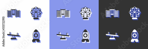 Set Rocket ship toy, Swedish wall, Seesaw and Ferris wheel icon. Vector