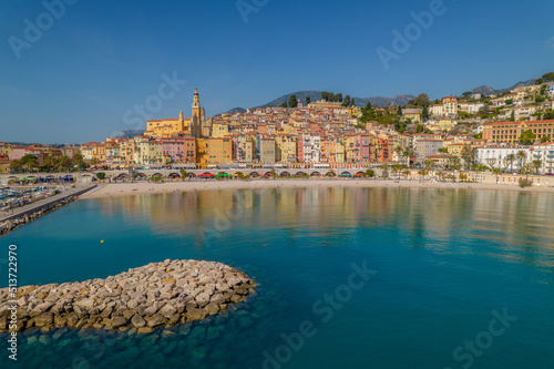 Drone view of the colorful buildings in the city of Menton-C  te d Azur   France