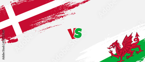 Creative Denmark vs Wales brush flag illustration. Artistic brush style two country flags relationship background
