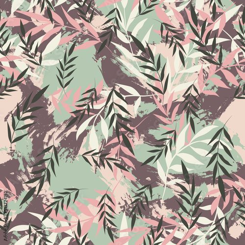 Green tropical leaves on an abstract background. Blots and leaves. Summer floral background