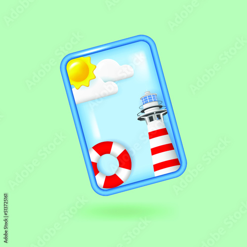Striped lighthouse and lifebuoy on mobile phone screen. Realistic 3d objects. Beach vacation or travel concept