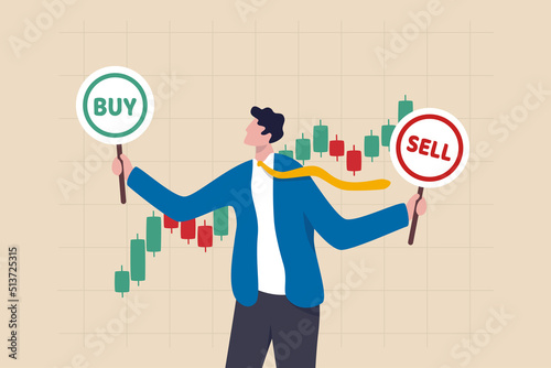 Buy or sell in stock market and crypto currency trading, investment decision, wealth management or financial concept, businessman investment analyst holding buy or sell sign with candlestick chart.
