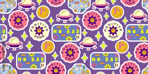 Retro trippy smile sticker seamless pattern for print design. Vector seamless pattern. Trendy psychedelic style. Cartoon trip sticker for wallpaper design.