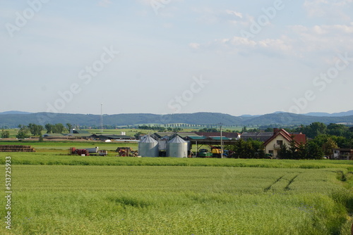 Farm with silos, Polish field, polish village, poland, lower silesia, june 2022