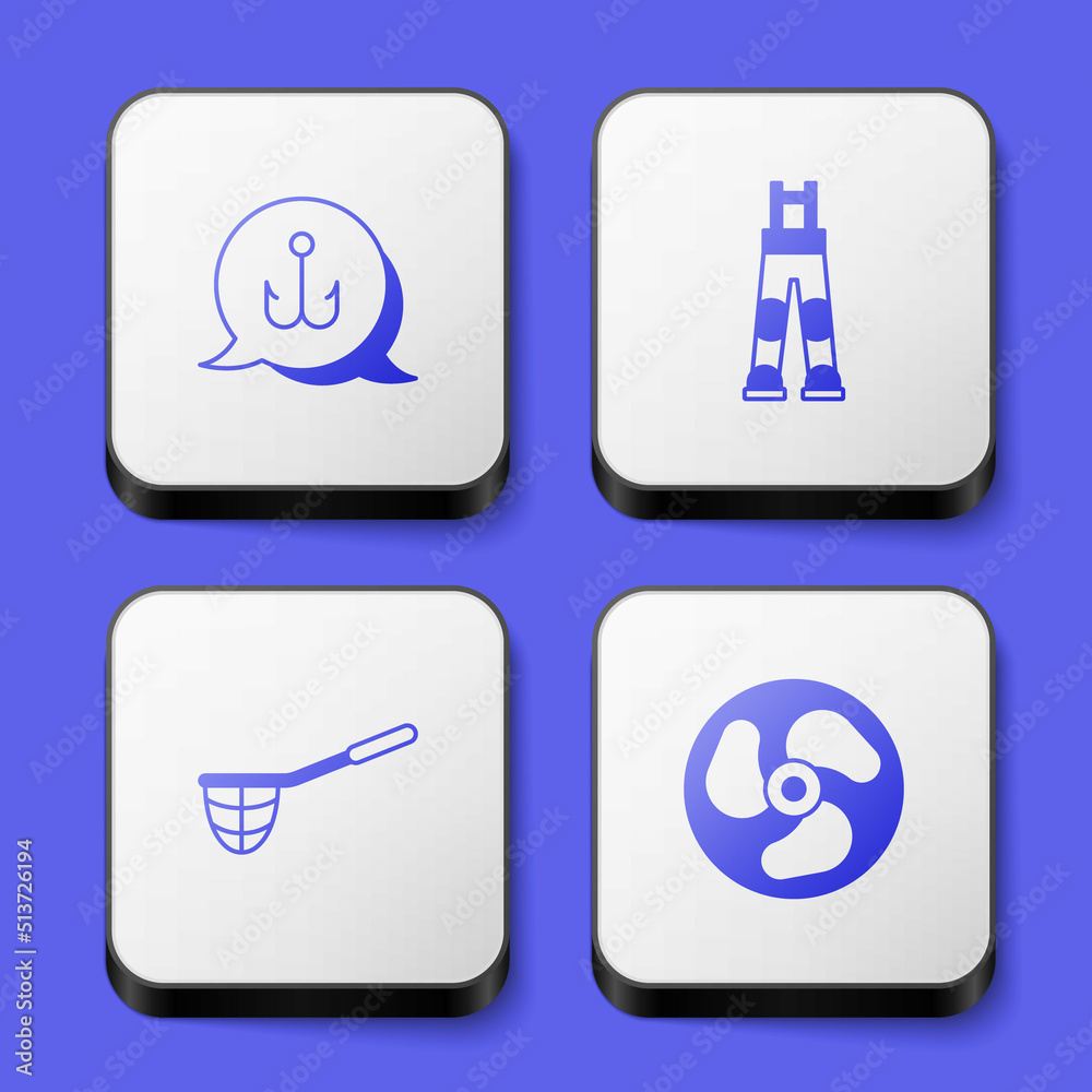 Set Fishing hook, Fisherman pants, net and Outboard boat motor icon. White square button. Vector Set Fishing hook, Fisherman pants, net and Outboard boat motor icon. White square button. Vector