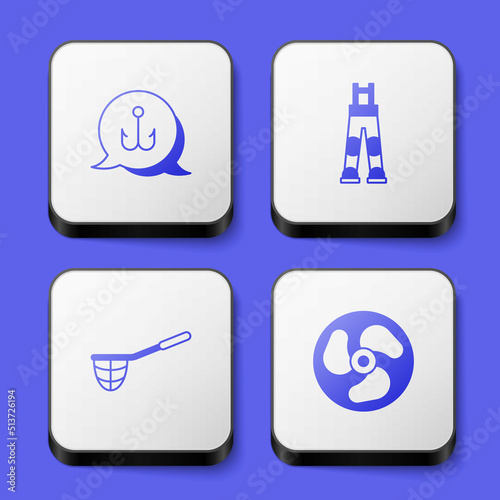 Set Fishing hook, Fisherman pants, net and Outboard boat motor icon. White square button. Vector