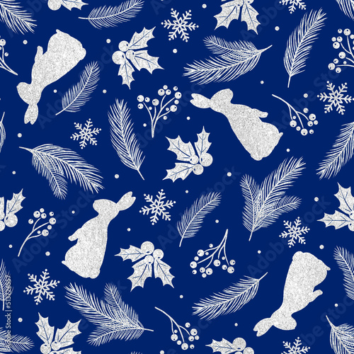 Seamless Christmas pattern rabbit, spruce branches, holly berries, snowflakes , silver texture. New Year's holidays, Christmas decor. year of the rabbit.	
