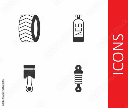 Set Shock absorber, Car tire wheel, Engine piston and Nitrous oxide icon. Vector