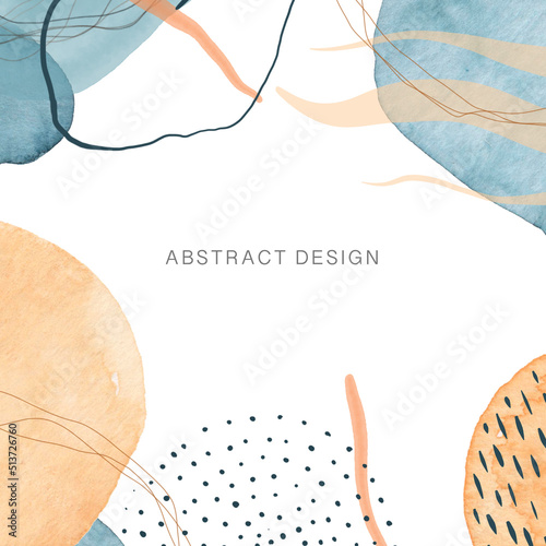 Abstract art background frame with space for text. Watercolor colored shapes and blots. Lines and circles. Hand drawn doodles of paint. Texture brushes. For cover, invitation, banner, poster, postcard