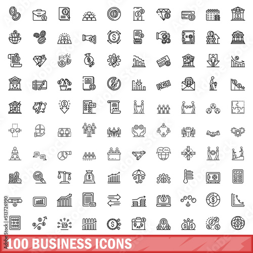 100 business icons set. Outline illustration of 100 business icons vector set isolated on white background