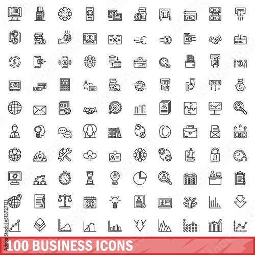 100 business icons set. Outline illustration of 100 business icons vector set isolated on white background