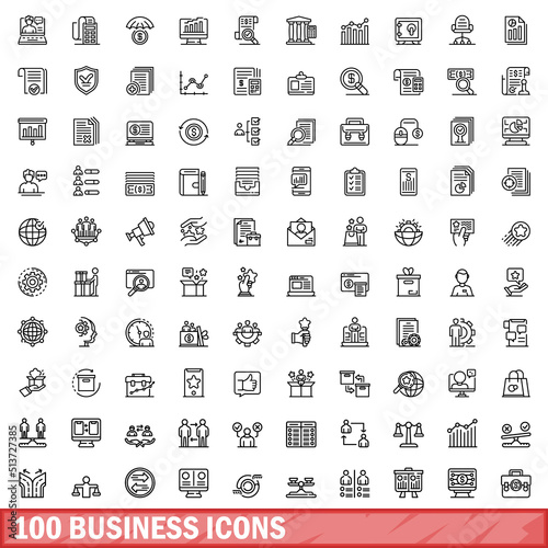100 business icons set. Outline illustration of 100 business icons vector set isolated on white background