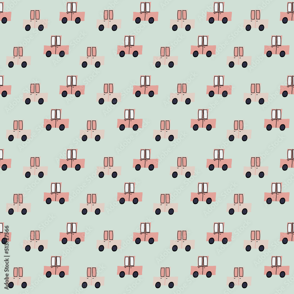 Fototapeta premium Kids hand drawn seamless pattern with cute cars, Nursery simple print, Pastel colors for boys, Scandinavian repeat design, Children pattern, Pink cars, Toys backdrop, Nursery wallpaper