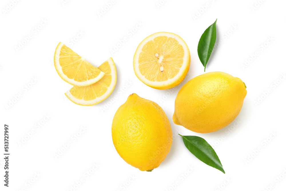 Flat lay (top view) of lemon with sliced and green leaf isolated on white background.