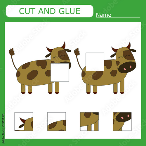worksheet vector design, the task is to cut and glue a piece on cow.  Logic game for children.
