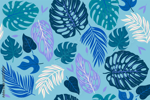 Seamless pattern with tropical leaves in blue colors. Vector graphics.