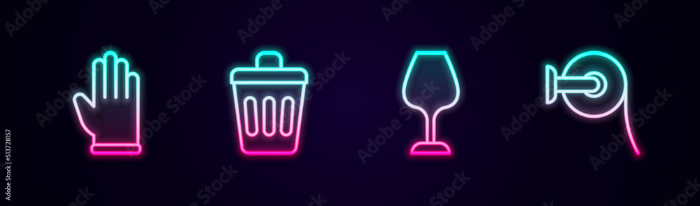 Set line Rubber gloves, Trash can, Wine glass and Toilet paper roll. Glowing neon icon. Vector Set line Rubber gloves, Trash can, Wine glass and Toilet paper roll. Glowing neon icon. Vector